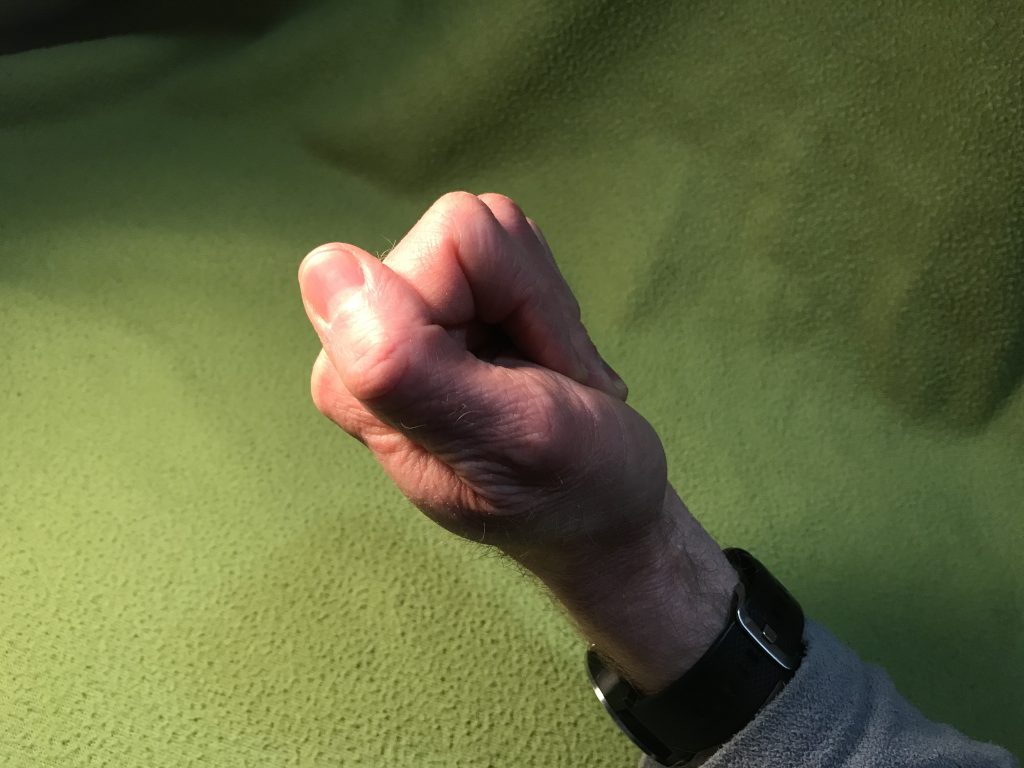 flat fist with fingertips touching bottom of palm just above wrist