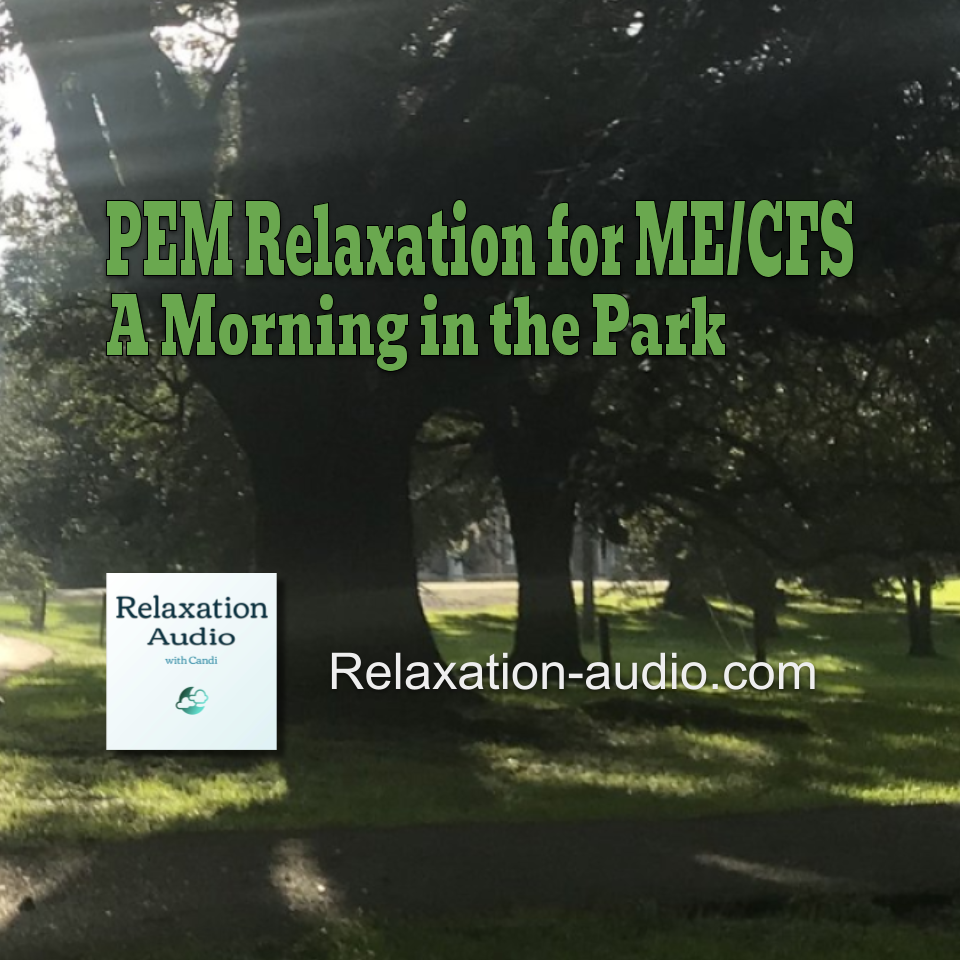 ME/CFS relaxation picture of a sunny park with trees, green grass, and a path. 