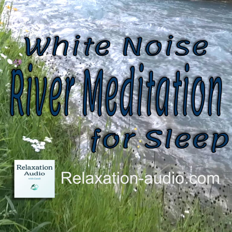 White noise river meditation for sleep shows a closeup still background picture of flowing river water next to green grass.